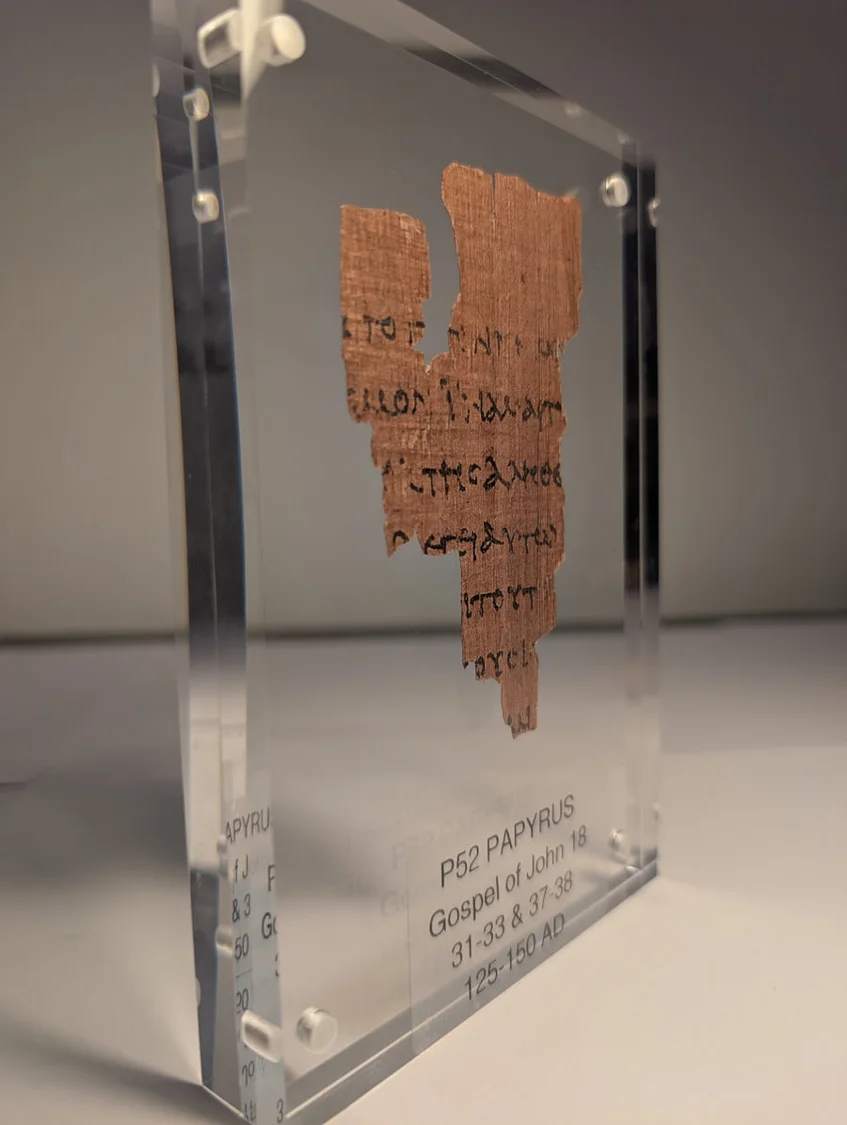 Close-up of Rhys’s modern P52 papyrus replica